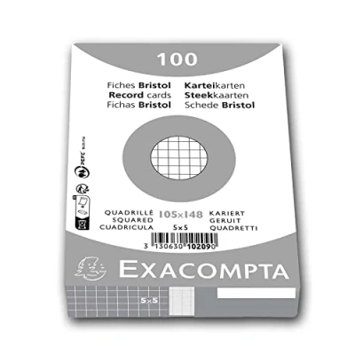 Abbildung von Exacompta 10209E 100er Pack Karteikarten kariert DIN A6 in Folie eingeschweißt 10,5 x 14,5 cm ideal für die Schule und Universität zum Lernen weiß