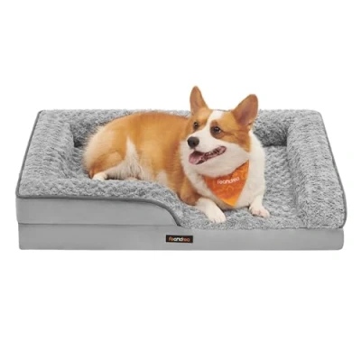 Abbildung von Feandrea Orthopädisches Hundebett für mittelgroße Hunde, wasserdichtes Hundesofa mit abnehmbarem Plüsch Bezug, 91 x 68 16 cm, Taubengrau PGW252G01