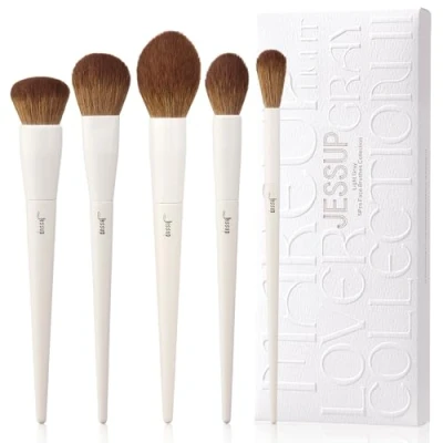 Abbildung von Jessup Pinselset Makeup Pinsel Set 5 teilig Gesichtspinsel Make up Foundation Rougepinsel Bronzer Konturenpinsel, Highlighter flauschiger Puderpinsel hellgrau T493