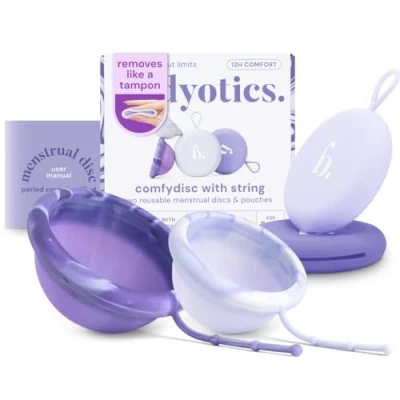 Abbildung von Bodyotics Comfydisc Wiederverwendbare Menstruationsscheibe mit String Comfort Fit 2er Pack Größe S &amp; L Tragetasche 100% Medical Grade Silicone aus Deutschland