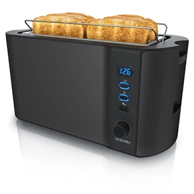 Abbildung von Arendo Edelstahl Toaster Langschlitz 4 Scheiben Defrost Funktion wärmeisolierendes Gehäuse mit integriertem Brötchenaufsatz Krümelschublade Display Restzeitanzeige Schwarz Matt