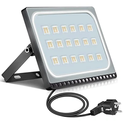 Abbildung von papasbox 100W LED Flutlicht Flutlichtstrahler Strahler Scheinwerfer, Fluter Baustrahler mit Stecker Wasserdicht IP65, 3000K Warmweiß, Ideale Wandleuchte Außenbeleuchtung für Garten, Garage, Hotel