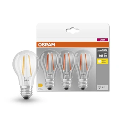 Abbildung von Osram Lamps LED Base Classic A Lampe, in Kolbenform mit E27 Sockel, nicht dimmbar, Ersetzt 60 Watt, Filamentstil Klar, Warmweiß 2700 Kelvin, 3 Stück (1er Pack)