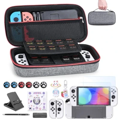 Abbildung von Switch Tasche für NS OLED innoAura 18 in 1 Zubehör mit Hülle, Spiele Aufbewahrung, Schutzfolie OLED, Ständer, Joystick Kappen (Grau)