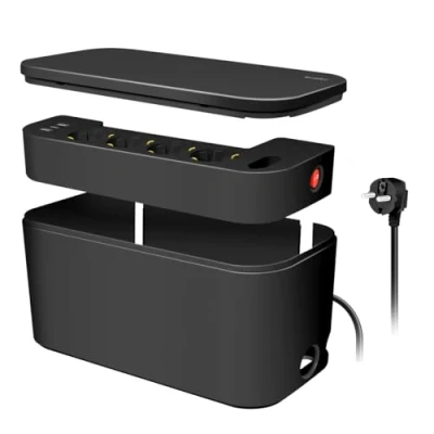 Abbildung von LogiLink LPS282U Kabelbox mit 5 Fach Steckdosenleiste inkl. 3X USB, Farbe: Schwarz