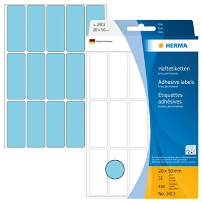 Abbildung von HERMA 2413 Vielzweck Etiketten, 480 Stück, 20 x 50 mm, 15 pro Bogen, selbstklebend, Haushaltsetiketten zum Beschriften, matt, blanko Papier Klebeetiketten Aufkleber, blau