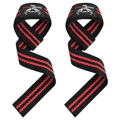 Abbildung von BEAST RAGE Zughilfen für Krafttraining (Fitness Straps) Kreuzheben Gurte Frauen Männer (Gepolstert) Gewichthebergurte Baumwolle Handgelenkstütze Griffe Hantel Bar (Lifting Straps)(Schwarz/Rot)
