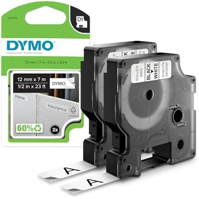 Abbildung von DYMO Original D1 Etikettenband schwarz auf weiß 12 mm x 7 m selbstklebendes Schriftband für LabelManager Beschriftungsgerät 2 Etikettenkassetten