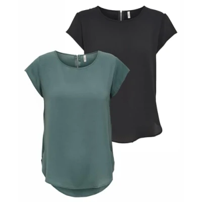 Abbildung von ONLY Damen ONLVIC S/S SOLID 2 Pack TOP, Blusenshirt, Kurzarm, Black/Balsam Green, 34