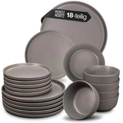 Abbildung von Moritz &amp; NORDIC Geschirrset 6 Personen 18 teilig Grau Elegantes Teller Set aus hochwertigem Steinzeug Geschirr 6x Dinnerteller, Dessertteller, Suppenteller