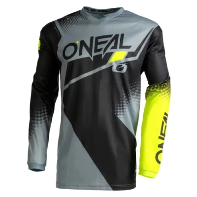 Abbildung von O&#039;NEAL Motocross Jersey Langarm MX Enduro Gepolsterter Ellbogenschutz, V Ausschnitt, atmungsaktiv Element Racewear V.22 Erwachsene Schwarz Grau Neon Gelb Größe S