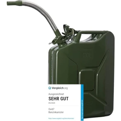 Abbildung von Oxid7 Benzinkanister aus Metall 20 Liter inkl. Ausgießer silber flexibel, UN Zulassung Kraftstoffkanister für Benzin, Diesel &amp; Bio Ethanol geeignet [Olivgrün]