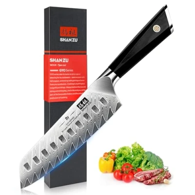 Abbildung von SHAN ZU Damastmesser, Santokumesser Küchenmesser 18cm Kochmesser Damaskus AUS 10 Edelstahl Scharfe Messerklinge Ergonomischer G10 Griff Exquisiter Geschenkverpackun GYO Series
