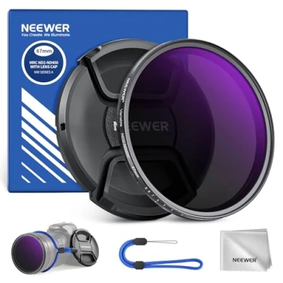 Abbildung von NEEWER 67mm ND2 400 (1 9 Stop) Variabler ND Filter mit Objektivdeckel Trageband Reinigungstuch präziser Einstellung der Neutraldichte Graufilter Fingerabdruck Kratzfest mehrschichtiges optisches Glas