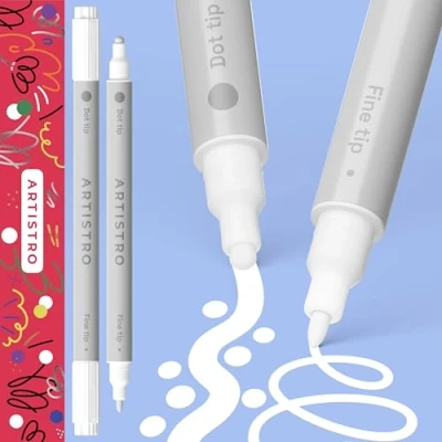 Abbildung von Artistro 2 White Acrylic Paint Pens, Markers Dual Tip (Fine 1mm + Dot 5mm), for Fabric, Canvas, Rock, Glass, Wood, Paper, DYI, Kids and Adults