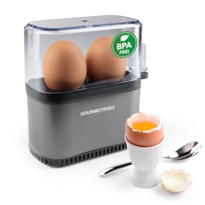 Abbildung von GOURMETmaxx Eierkocher für 2 Eier Egg Boiler mit Eierstecher im Messbecher Cooker 3 Härtegrade deinen Eierbecher Design klein spülmaschinenfeste Teile