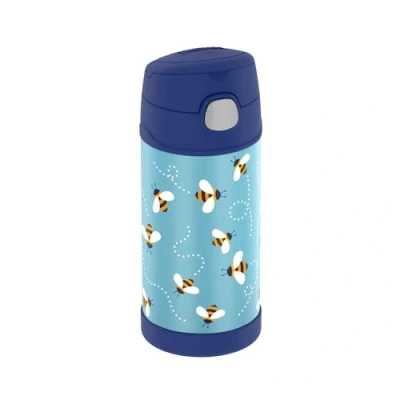 Abbildung von THERMOS kids FUNTAINER STRAW BOTTLE 0,35l, bees, Thermosflasche für Kinder aus Edelstahl, mit Strohhalm, 12 h kalt, absolut dicht, Schule, Kindergarten, Pause