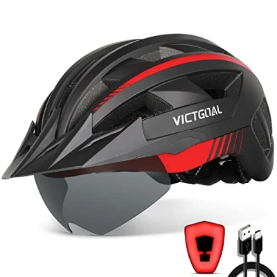 Abbildung von VICTGOAL Fahrradhelm Herren Damen MTB Helm mit Abnehmbarer Magnetische Schutzbrille Visier Atmungsaktiv 21 Belüftungskanäle Radhelm Einstellbare Fahrradhelme (M: 54 58cm, Schwarz Rot)