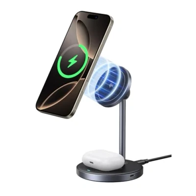 Abbildung von UGREEN MagFlow Qi2 15W iPhone Ladestation, 2 in 1 kabelloses Ladegerät MagSafe Kompatibel, 90 verstellbares Wireless Charger, für 16/15/14/13/12, AirPods 4/3, mit 1M Kabel