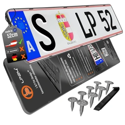Abbildung von 2 Kennzeichenhalter Rahmenlos Österreich für at 52x12cm Kennzeichenhalterung Auto [dezent &amp; sicher] Nummernschildhalterung Nummernschildhalter Kennzeichen Halterung KFZ PKW schwarz