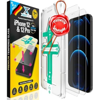 Abbildung von XeloTech 2X Full Screen Schutzglas für iPhone 12 &amp; PRO (6.1&quot;), Komplett aus Glas, Installation in 30 Sekunden mit Easy Schablone, Panzerglasfolie, Displayschutzfolie, Panzerfolie