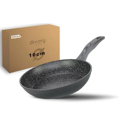 Abbildung von DIVORY Bratpfanne 16cm kein Induktion Antihaft Beschichtete kleine Universalpfanne für alle Herdarten Sichere Griffe (Graues Holz, 16cm)