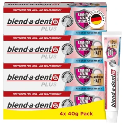Abbildung von Blend a dent Plus Barriere Gegen Speisereste Haftcreme für Voll &amp; Teilprothesen, Made in Germany, Frischer Geschmack, 4x40g, Orange