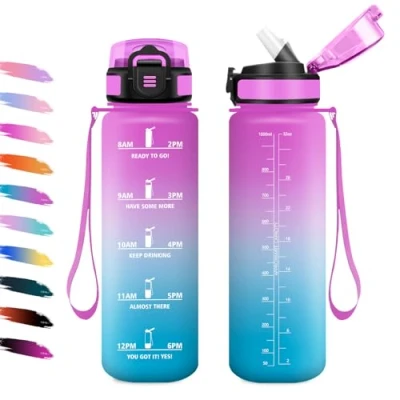 Abbildung von Trinkflasche 1L, Motivierende mit Zeitmarkierung, Auslaufsicher, Sport Wasserflasche Strohhalm, Kohlensäure Geeignet, für Radfahren, Camping, Bergsteigen, Wandern