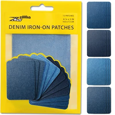 Abbildung von ZEFFFKA Aufnäher zum Aufbügeln, Denim, hochwertig, für den Innen und Außenbereich, stärker, 100% Baumwolle, Dekoration, Reparatur, blaue Farbtöne, 12 Stück, Größe 7,5 cm x 10,5