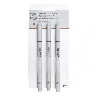 Abbildung von Winsor &amp; Newton 0290109​ Fineliner, Pigment Liner für exakte Linien und Outlines, hohe Qualität, Pigmenttinte, lichtbeständig Linenbreite, im Set 3 Stück in Sepia, linenbreite 0,1mm, 0,3mm, 0,5mm