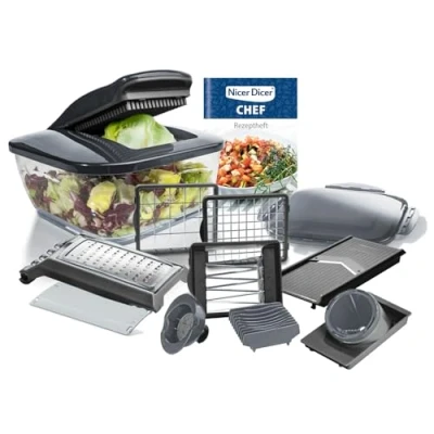 Abbildung von Nicer Dicer Chef Gemüseschneider 15.tlg, Gemüsehobel Zwiebelschneider, Salatschneider, Würfelschneider Pommesschneider Wellenschneider, Multizerkleiner für Obst Gemüse Küchehelfer mit Rezept