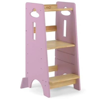 Abbildung von COSYLAND Lernturm ab 1 Jahr Höhenverstellbarer Learning Tower für Kinder (3 stufig) Montessori mit Kippschutz &amp; Massivholz (Holzfarbe Pink)