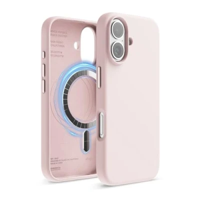Abbildung von elago Magnetisch Silikon Hülle Kompatibel mit iPhone 16 6,1 Zoll, Allen MagSafe Zubehör Eingebaute Magnete, Soft Grip Silikon, Stoßfest (Lovely Rosa)