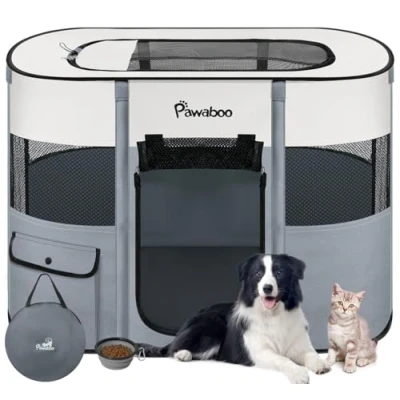 Abbildung von Pawaboo Tragbarer Haustierstall, Faltbarer Hundelaufstall mit Wasserdichtem Oxford, Katzengehege Reisetasche Faltbarem Napf, Indoor Outdoor Gebrauch für Welpe Katze Kaninchen, M, Grau