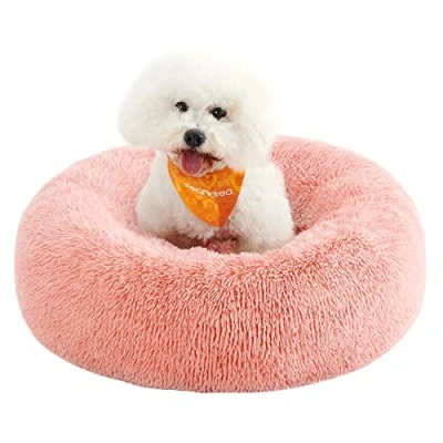 Abbildung von Feandrea Hundebett flauschig, Katzenbett, Donut Kissen, waschbar, Polsterung in der Mitte herausnehmbar, Langer Plüsch, 70 cm Durchmesser, rosa PGW039P01