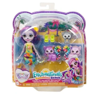 Abbildung von Enchantimals Puppen Sunshine Beach Lorinda Lemur Puppe, Freund Ringer und 2 Freunde Figuren, kleine Puppe mit ausziehbarem Rock Zubehör, Geschenk für Kinder, HRX86