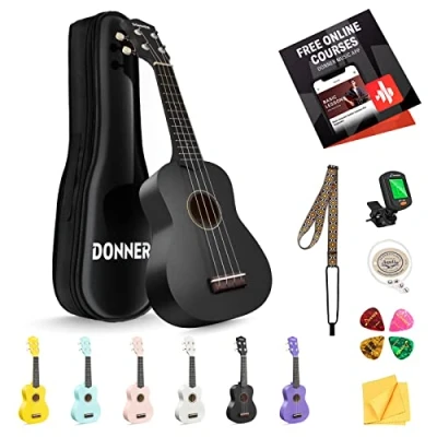 Abbildung von Donner Sopran Ukulele Kit für Anfänger DMU 01 Macaron Series 21 Zoll Hawaii Gitarre Mit Mattem Finish (Dunkles Schwarz)