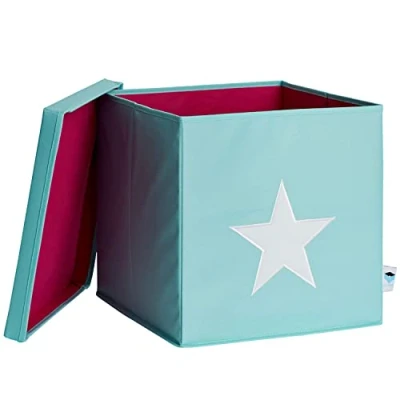 Abbildung von LOVE IT STORE Aufbewahrungsbox mit Deckel Kallax Einsatz aus Stoff Verstärkt Holz, belastbar bis 30 kg Abwaschbar Türkis weißem Stern 33x33x33 cm