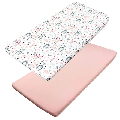 Abbildung von TupTam Baby Spannbettlaken Kinder Spannbetttuch für Babybett Kinderbett 2er Pack, Farbe: Igel/Hase/Rosa, Größe: 90 x 200 cm