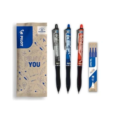 Abbildung von PILOT x One Piece 3er Set Frixion Ball Plus, Schwarz, Blau, Rot + 1 mit 3 blauen Minen 4 Sticker Löschbare Stifte Limitierte Auflage Aus recyceltem Kunststoff Mittlere Spitze