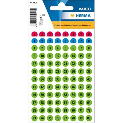 Abbildung von HERMA 4129 Zahlen Aufkleber schwarz 1 160 rund, 480 Stück, Ø 8 mm, selbstklebend, klein, matt, Nummer Ziffer Klebezahlen Sticker Hausnummern aus Papier zum Aufkleben, bunt