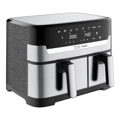 Abbildung von Jamie Oliver by Tefal Dual Drawer Heißluftfritteuse, Doppelkammer, 2 unabhängige Garzonen, 8 automatische Programme, 8,3 L Gesamtfüllmenge, Schwarz/Edelstahl, EY90JDE1