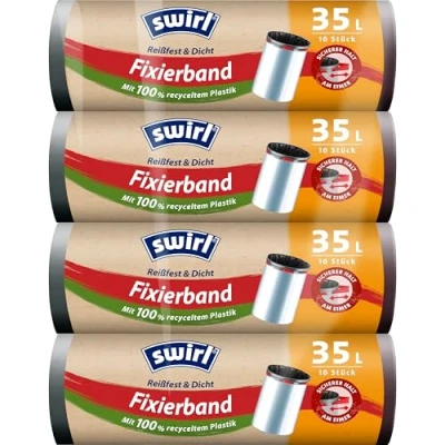 Abbildung von Swirl Reißfest &amp; Dicht Fixierband Müllbeutel 35 l (4 x 10 Beutel), tropfsichere Müllsäcke für den Hausmüll, reißfeste Mülltüten sicheren Halt am Mülleimer