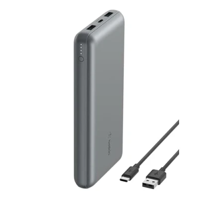 Abbildung von Belkin tragbares USB C Ladegerät, 20.000mAh, 20K Powerbank mit EIN /Ausgang und 2 A Anschlüssen C/USB Kabel für iPhone, Galaxy, Pixel, iPad, AirPods andere Geräte Spacegrau