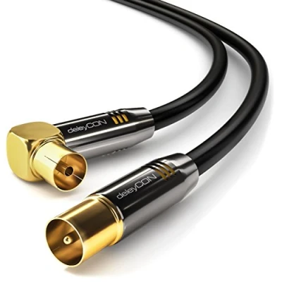Abbildung von deleyCON 2m 4K TV Antennenkabel Ultra HD Full HDTV 1x Gewinkelt Koaxialkabel IEC Stecker (gerade) zu Buchse (90 Grad) Metallstecker Schwarz