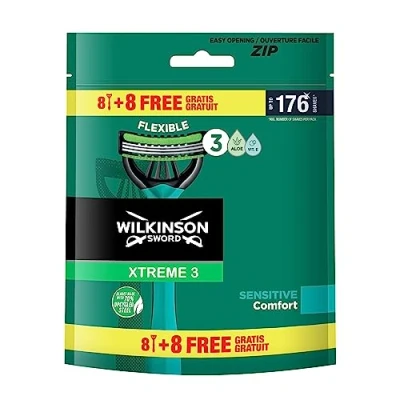 Abbildung von Wilkinson Sword Xtreme 3 Sensitive Einwegrasierer mit Gleitstreifen aus Vitamin E und Aloe Vera, ideal für die Pflege Geschmeidigkeit des Gesichts