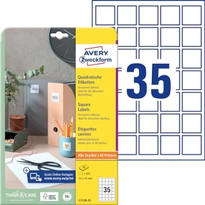 Abbildung von AVERY Zweckform L7120 25 Quadratische Etiketten (875 Klebeetiketten, 35x35mm auf A4, QR Code Aufkleber zum Bedrucken, selbstklebend, permanent haftende Etiketten) Blatt, weiß