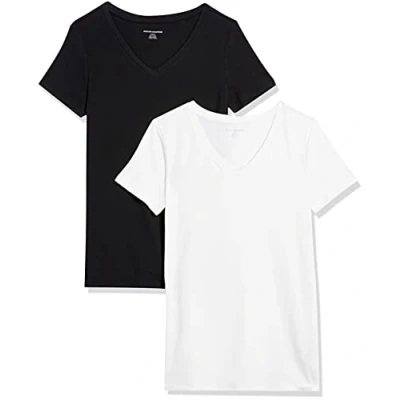 Abbildung von Amazon Essentials Damen Kurzärmeliges T Shirt mit V Ausschnitt, Klassischer Schnitt, 2er Pack, Schwarz/Weiß, L