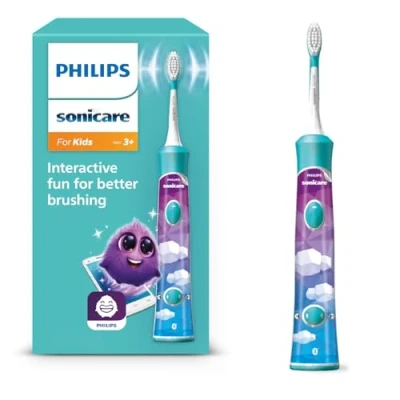 Abbildung von Philips Sonicare For Kids, elektrische Schallzahnbürste mit App, für Kinder ab 3 Jahren, SmarTimer und QuadPacer eine gründliche Reinigung, Türkis, Modell HX6322/04