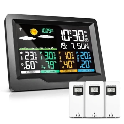 Abbildung von OULE GmbH wetterstation funk mit 3 außensensor, thermometer innen außen,Hygrometer innen,wetterstationen und außentemperatur wettervorhersage,DCF Funkuhr